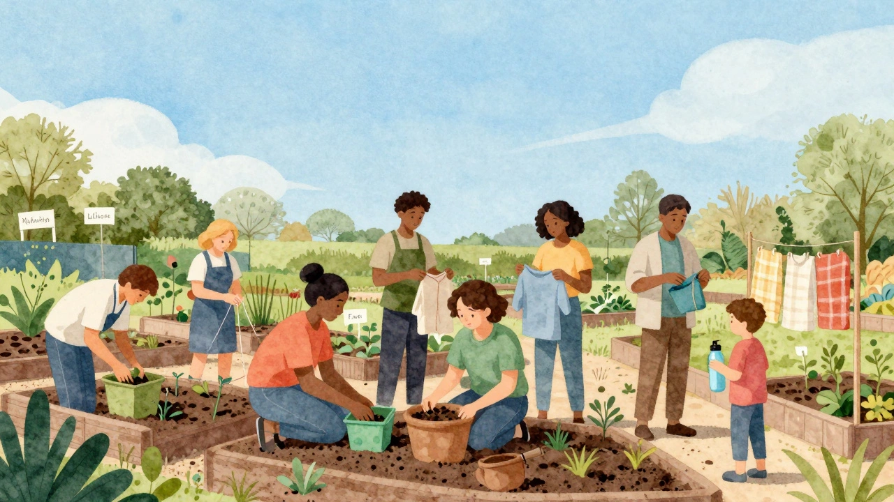 A community garden in the UK where people compost, plant, and repair clothes together under a clear sky.