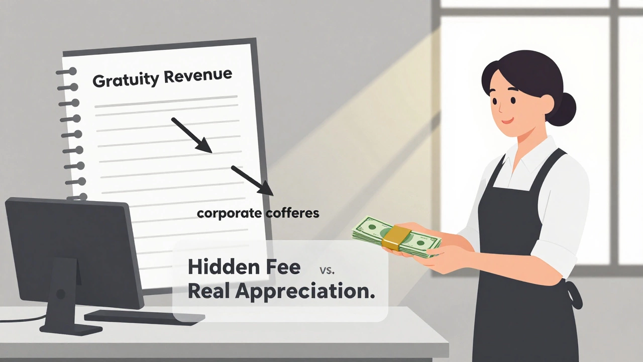 A conceptual split image showing corporate profits from hidden gratuities versus genuine cash tips reaching staff.