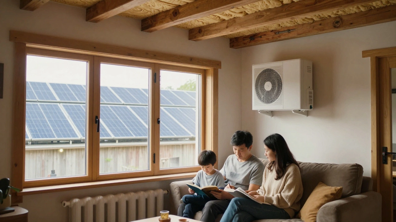 A family in a cozy retrofitted cottage with heat pump and natural light streaming through triple-glazed windows.