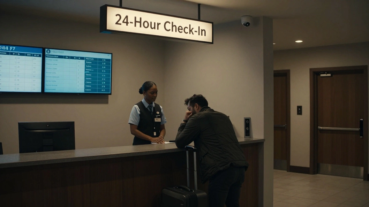 A hotel staff member assisting a late-night traveler at a 24-hour front desk with security cameras in view.