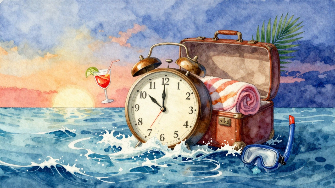 A melting clock blending into ocean waves, surrounded by resort symbols.