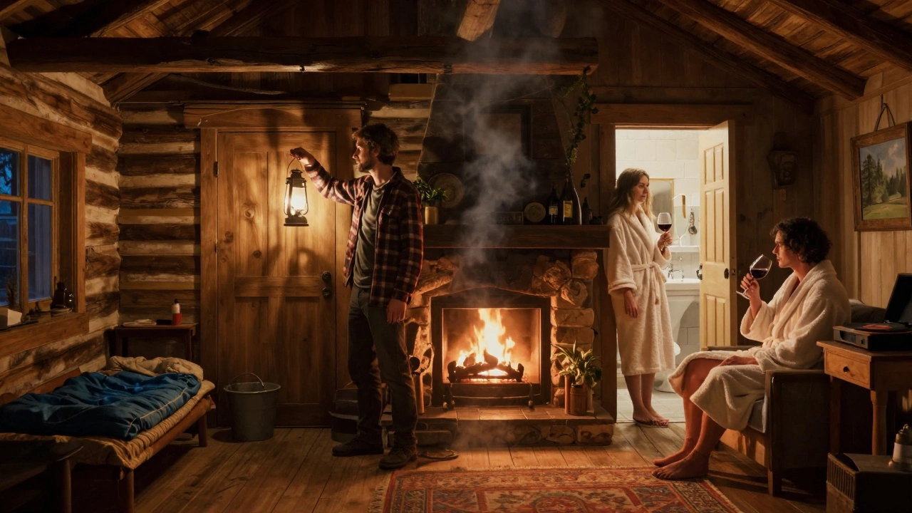 A traveler in a rustic cabin on one side, a couple relaxing in a luxury cottage on the other, showing the contrast between raw nature and cozy comfort.
