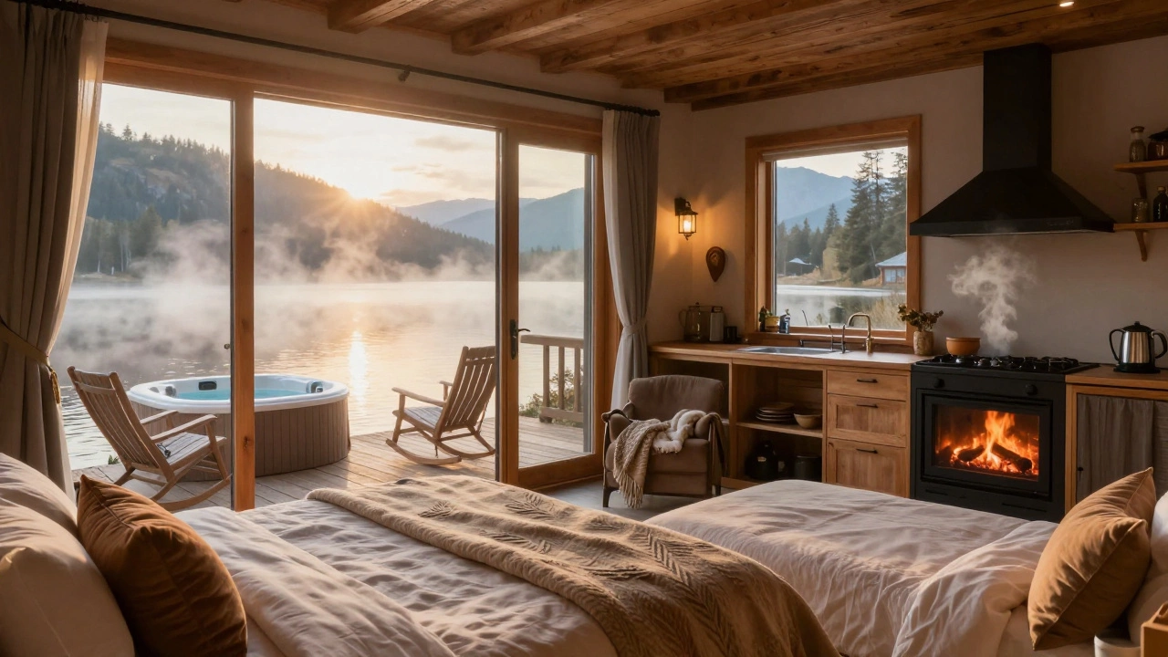 A warm, luxurious cottage by a lake at sunrise with a full kitchen, fireplace, and hot tub on the deck, radiating comfort and calm.