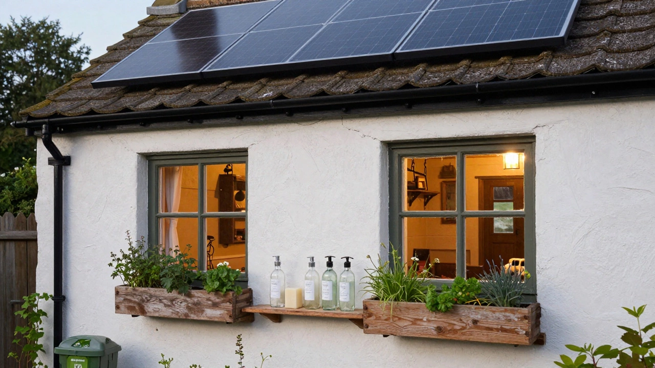 An eco-friendly cottage with solar panels, refillable soap bottles, and growing herbs in the British countryside.