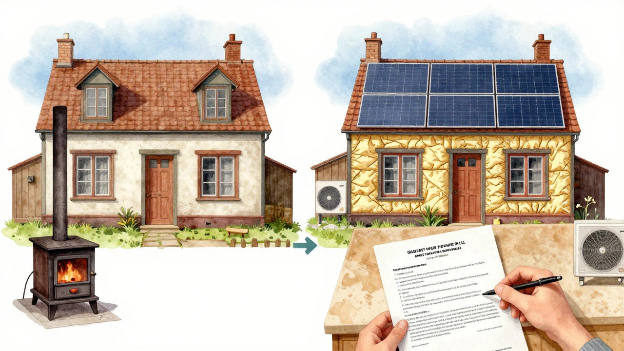Before and after of a cottage retrofit, showing insulation, solar panels, and a grant application on the counter.