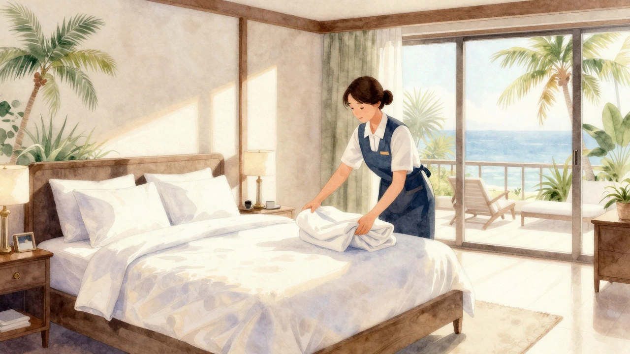 Housekeeper tidying a resort room with sunlight through windows.