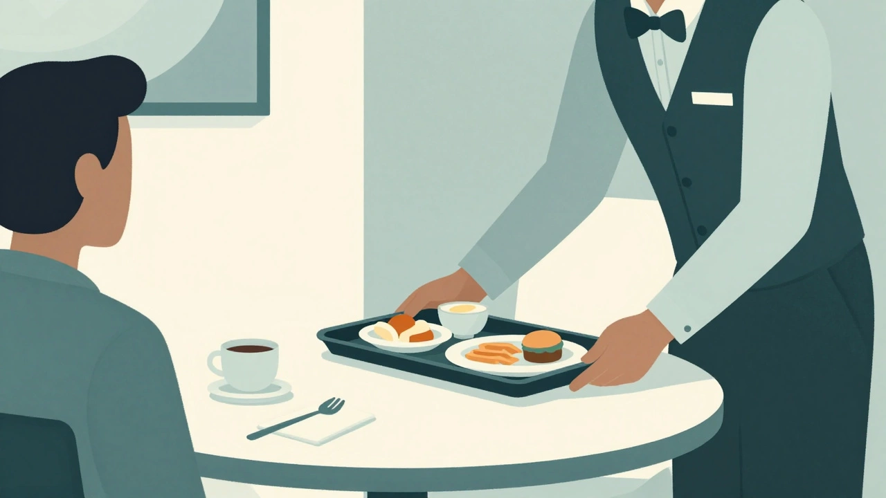 Room service delivery with tip left on tray in resort room.