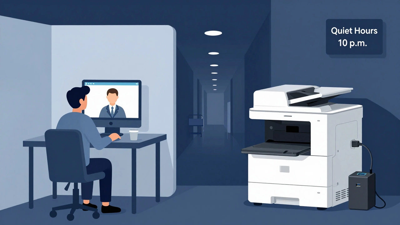 Split image showing a person on a video call and a business center with printer and scanner, symbolizing productivity.