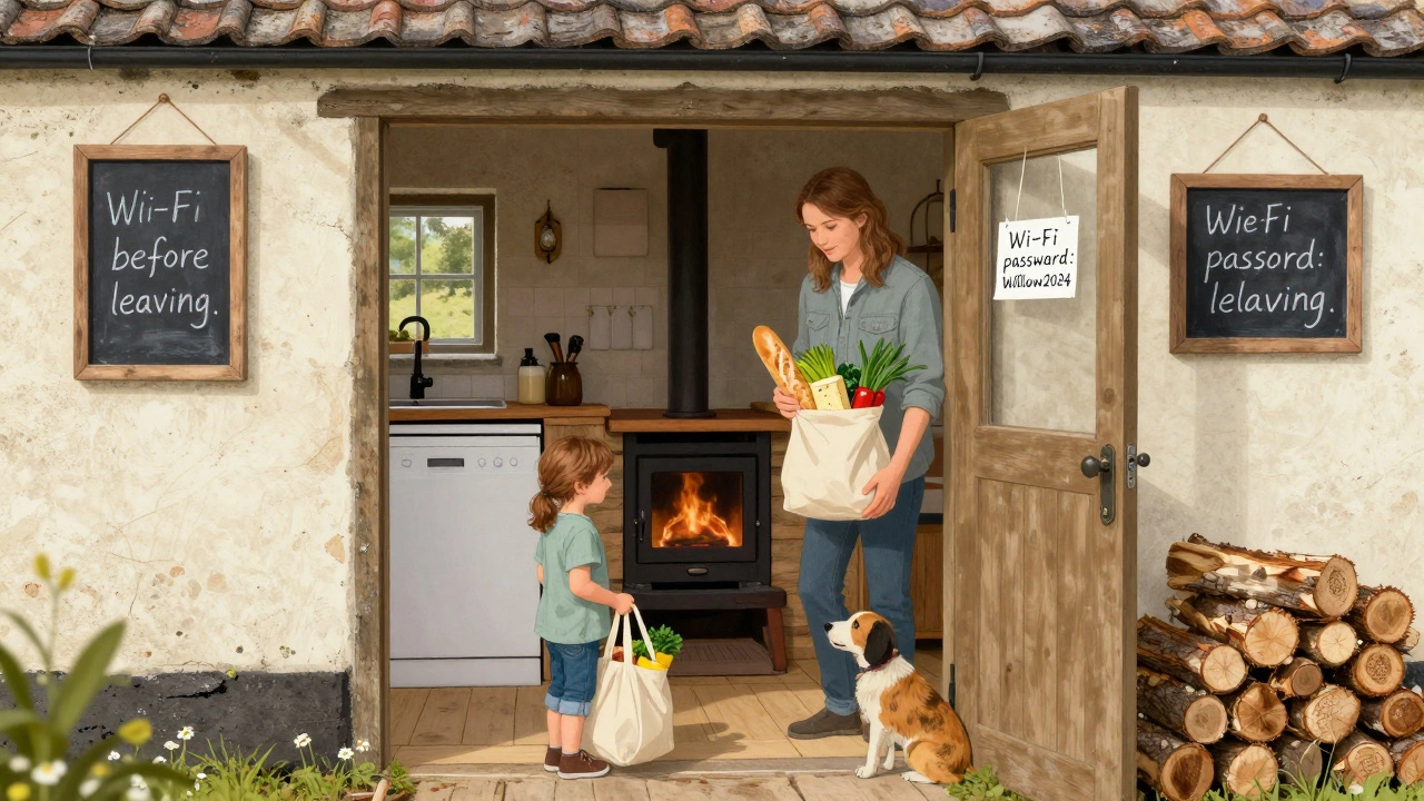 A family unpacking groceries in a rural cottage entrance, with a wood stove and fridge note visible.