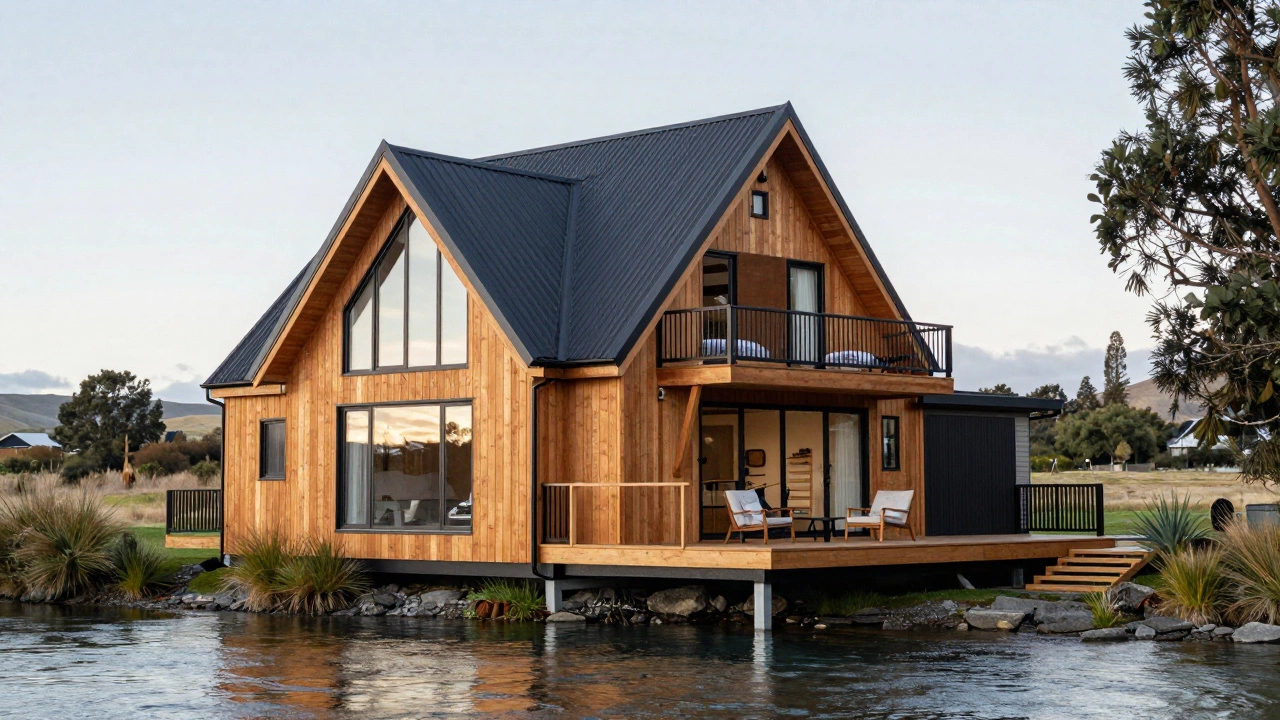 A modern two-story timber cottage on a riverbank with a wraparound deck and large windows.