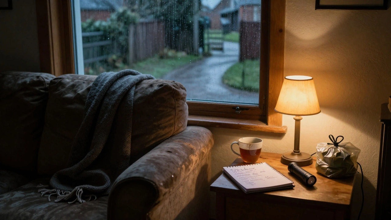 A quiet evening in a cottage living area with a lamp, notebook, and trash bags on a side table.