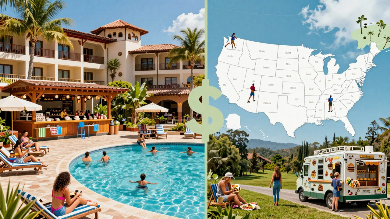 Contrast between unlimited all-inclusive resort in Mexico and flexible U.S. travel experiences with local exploration.