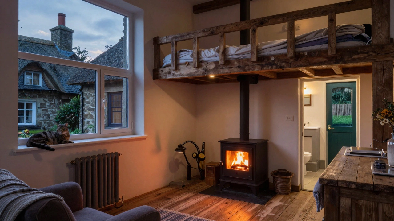 Cozy Devon cottage at dusk showing a loft bed, wood stove, and aged wooden floors with soft firelight glowing through windows.
