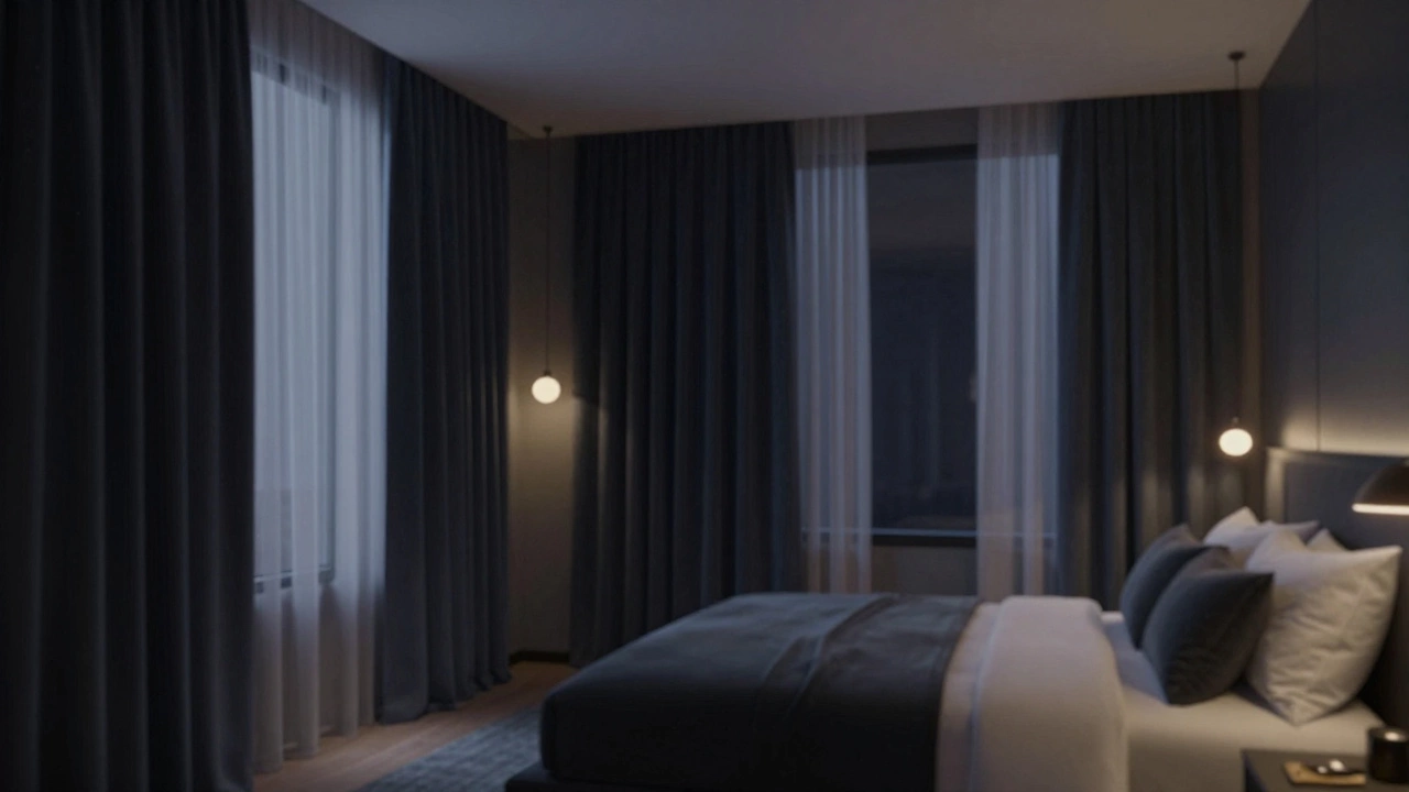 Cozy hotel suite interior with closed velvet blackout curtains.