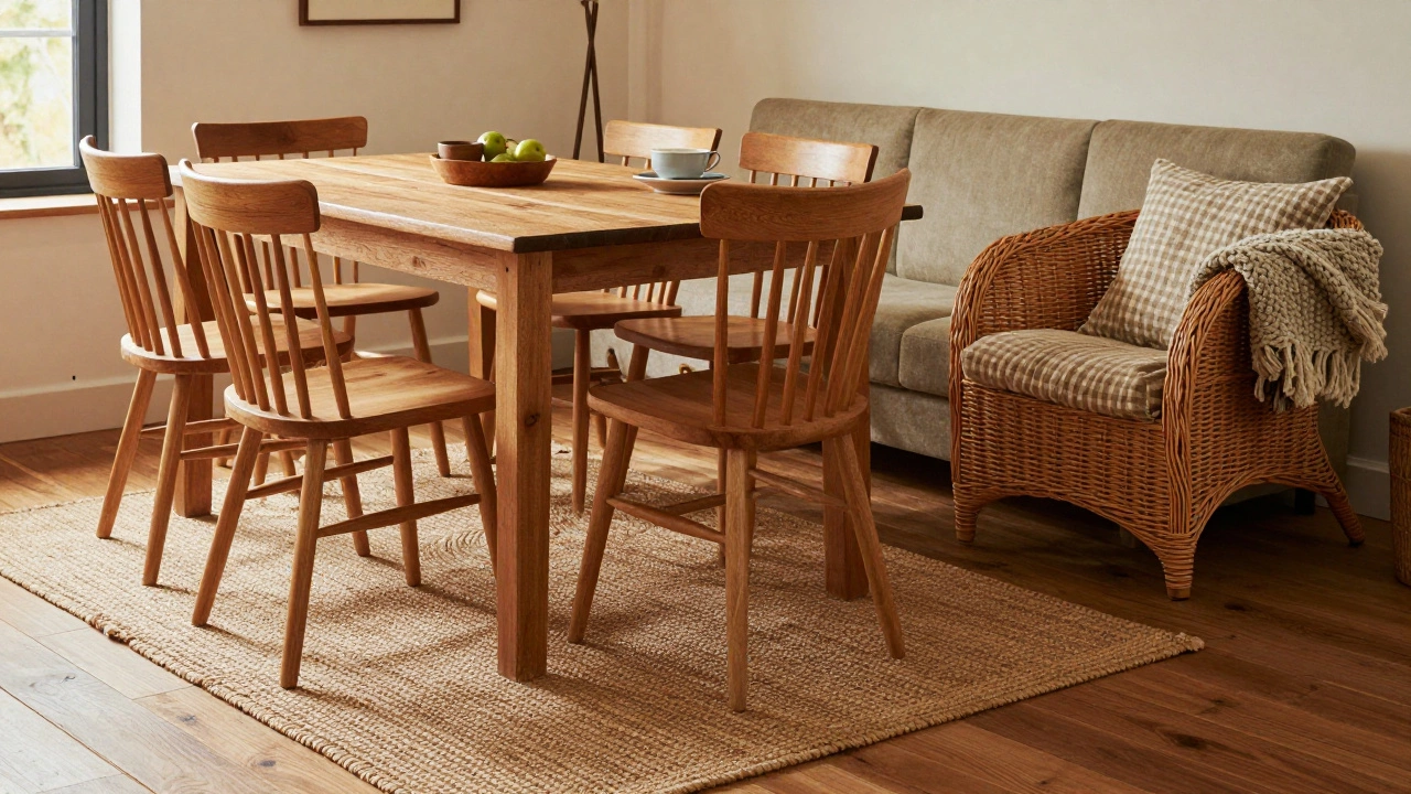 Cozy living room with oak furniture, wicker chair, and chunky knit throw.