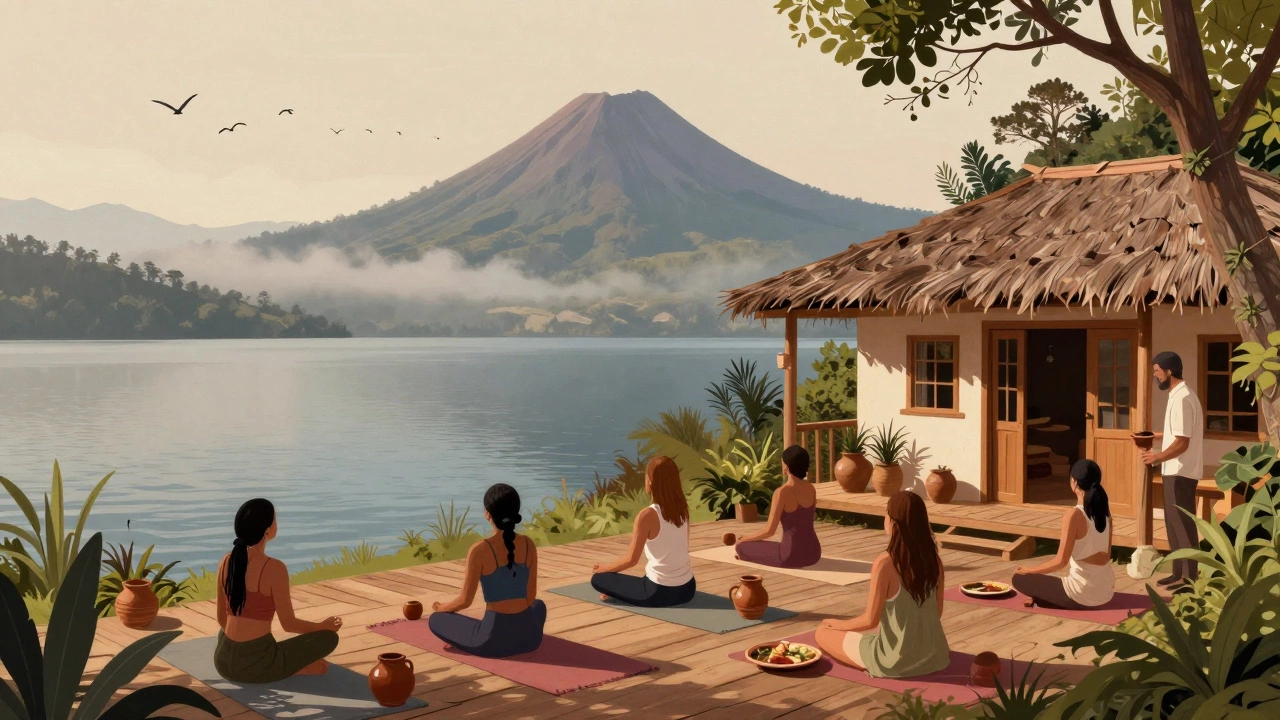 Eco-lodge at Lake Atitlán, Guatemala, with guests doing yoga and hiking amid volcanic landscapes.