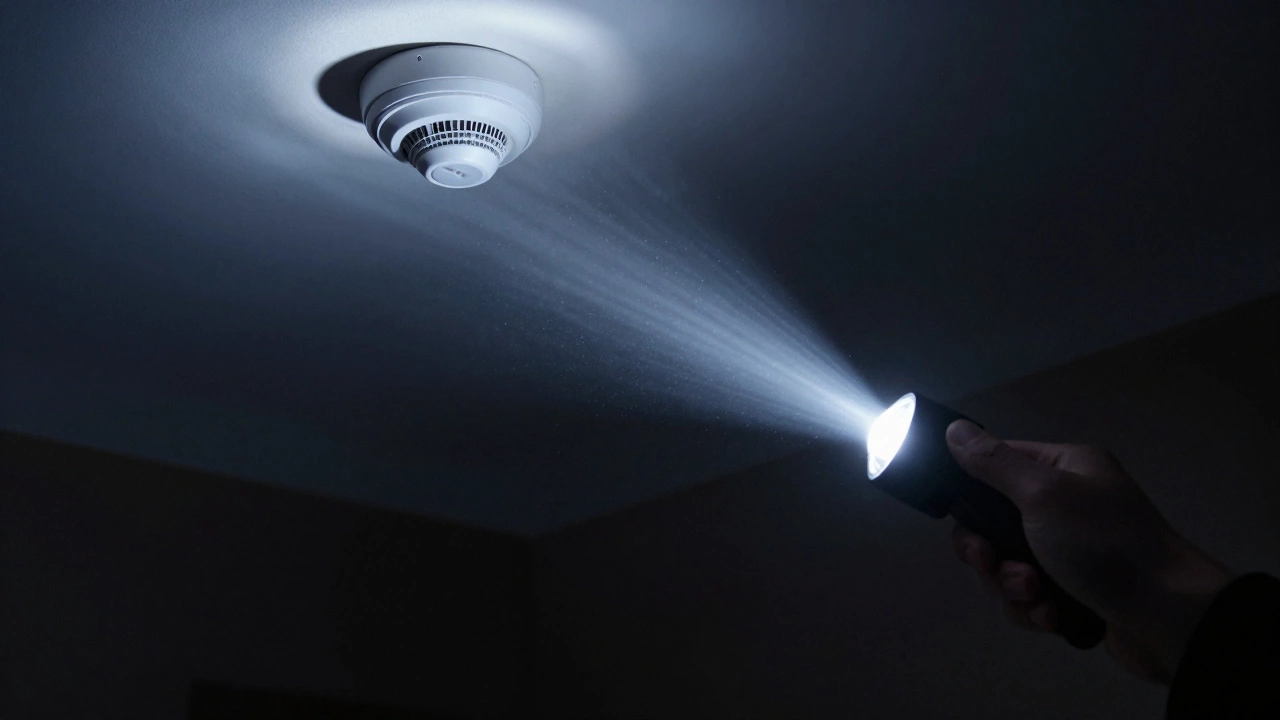 Flashlight beam scanning a smoke detector in a dark room.