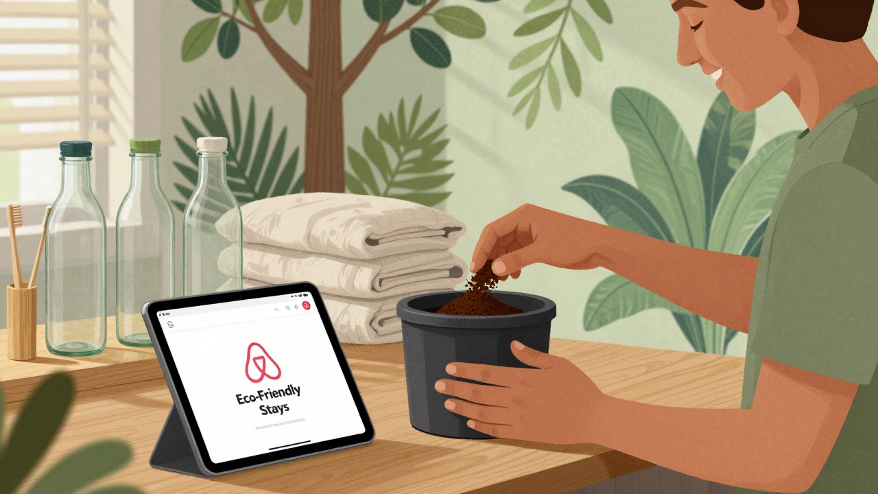 Guest composting coffee grounds as a digital tablet shows Airbnb's Eco-Friendly Stays badge.