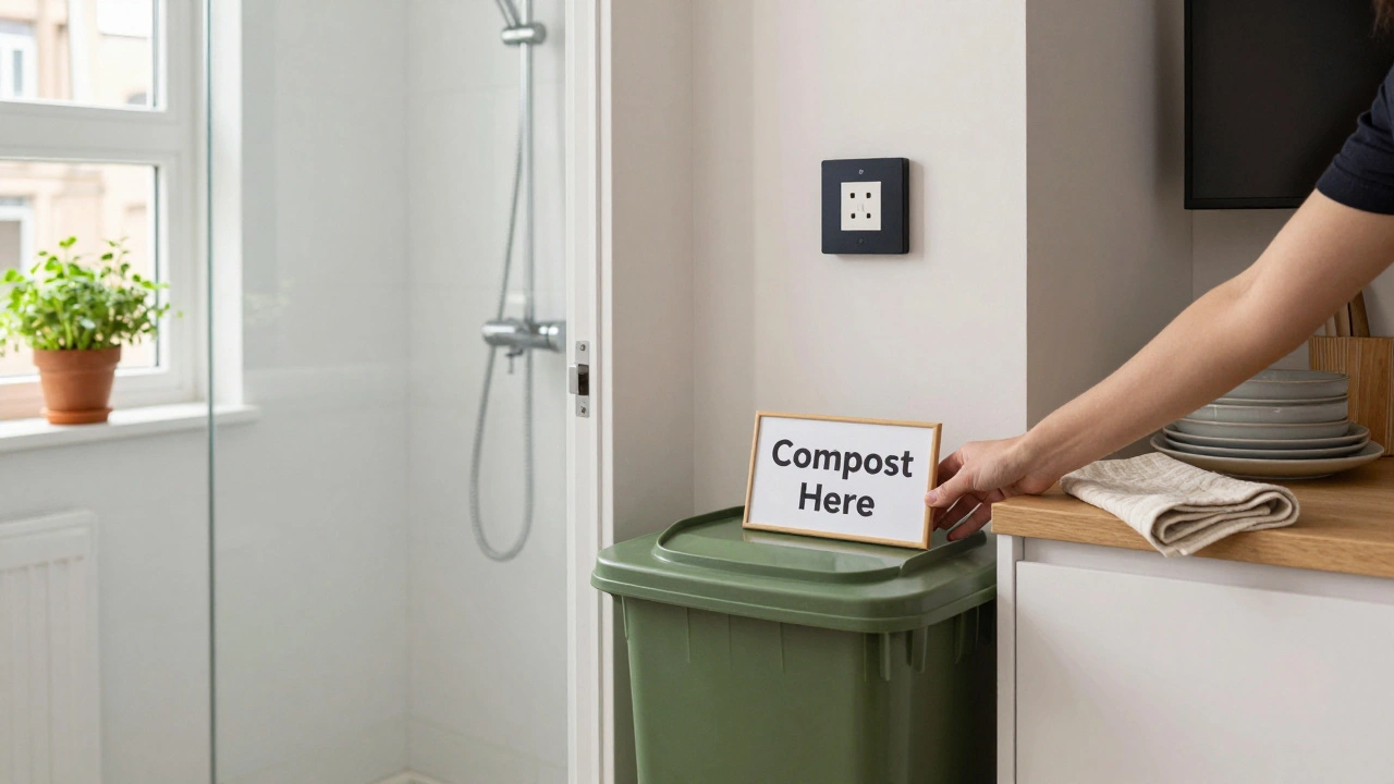 Host placing a compost sign next to a green bin in a city apartment kitchen with low-flow shower visible.