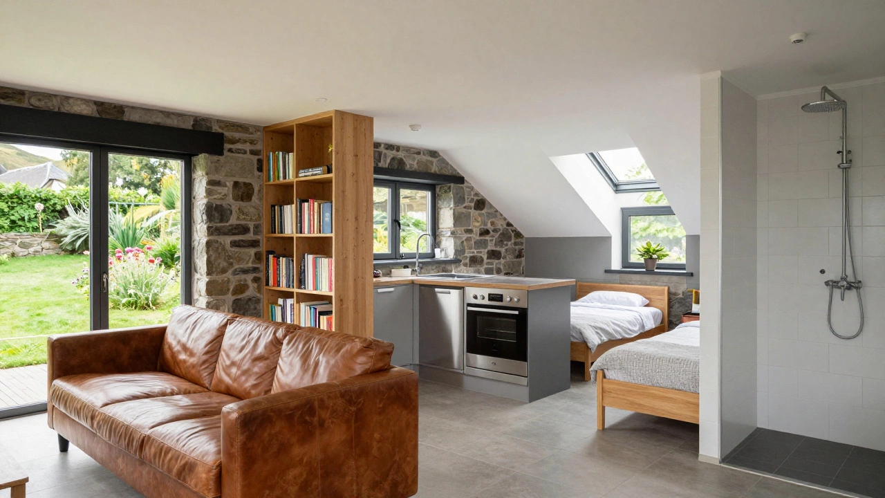 Modernized cottage with separate kitchen, living room, bedroom, and bathroom, featuring large windows and rustic stone walls.