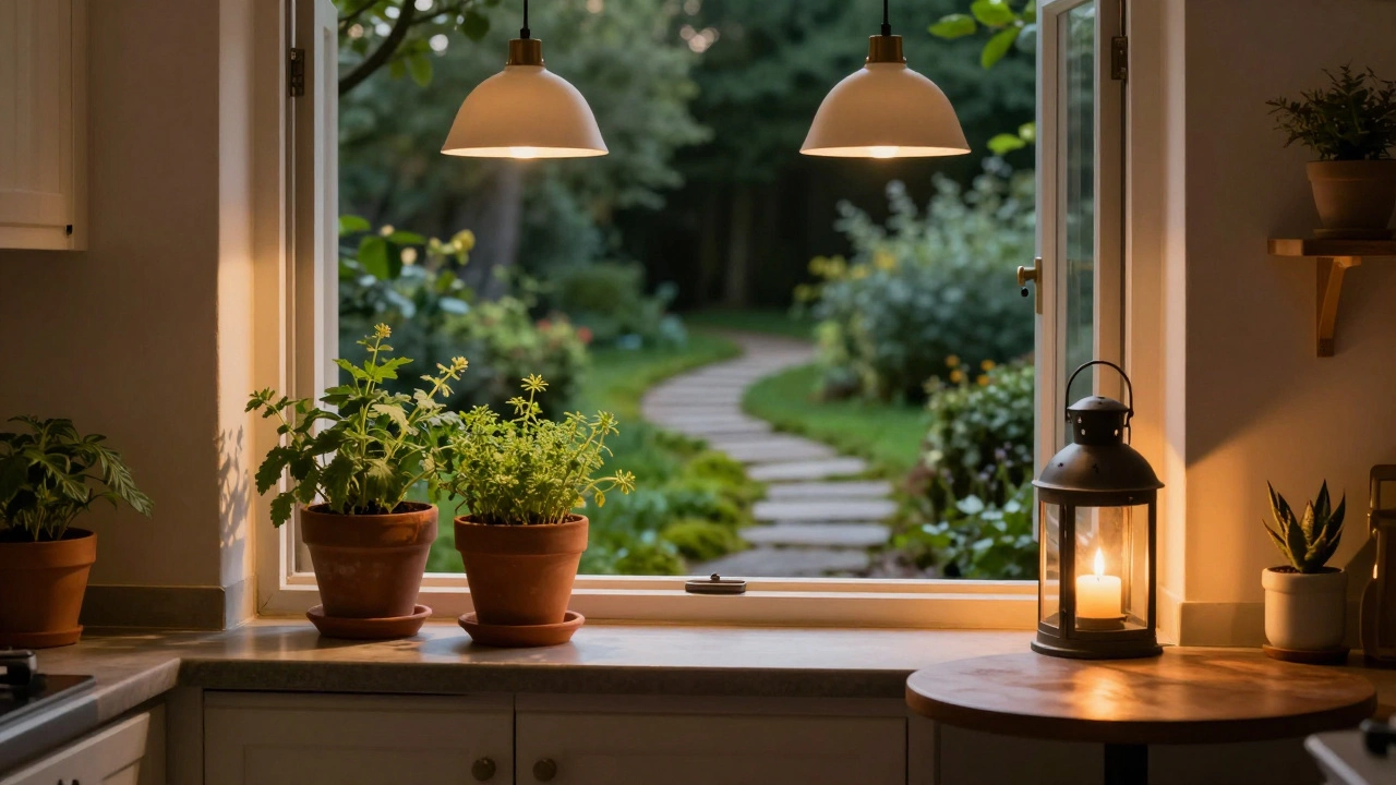 Warm lit kitchen nook with potted herbs and view of mossy garden path.