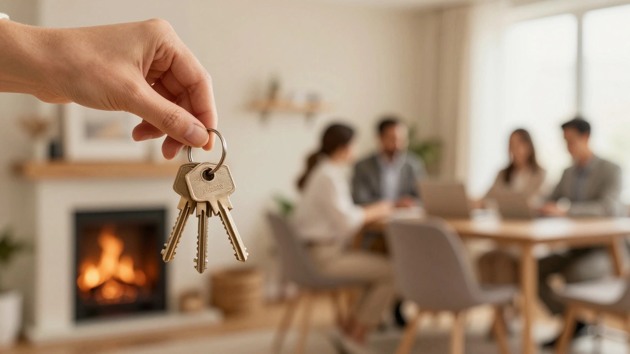 A close-up of house keys with a cozy cottage interior and a management team in the background.