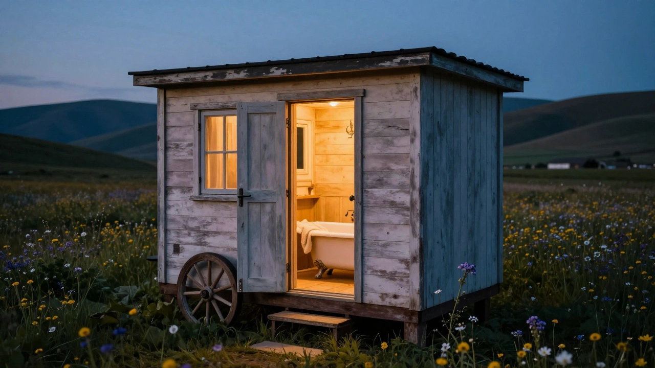 A cozy wooden shepherd's hut in a wildflower meadow with warm glowing lights