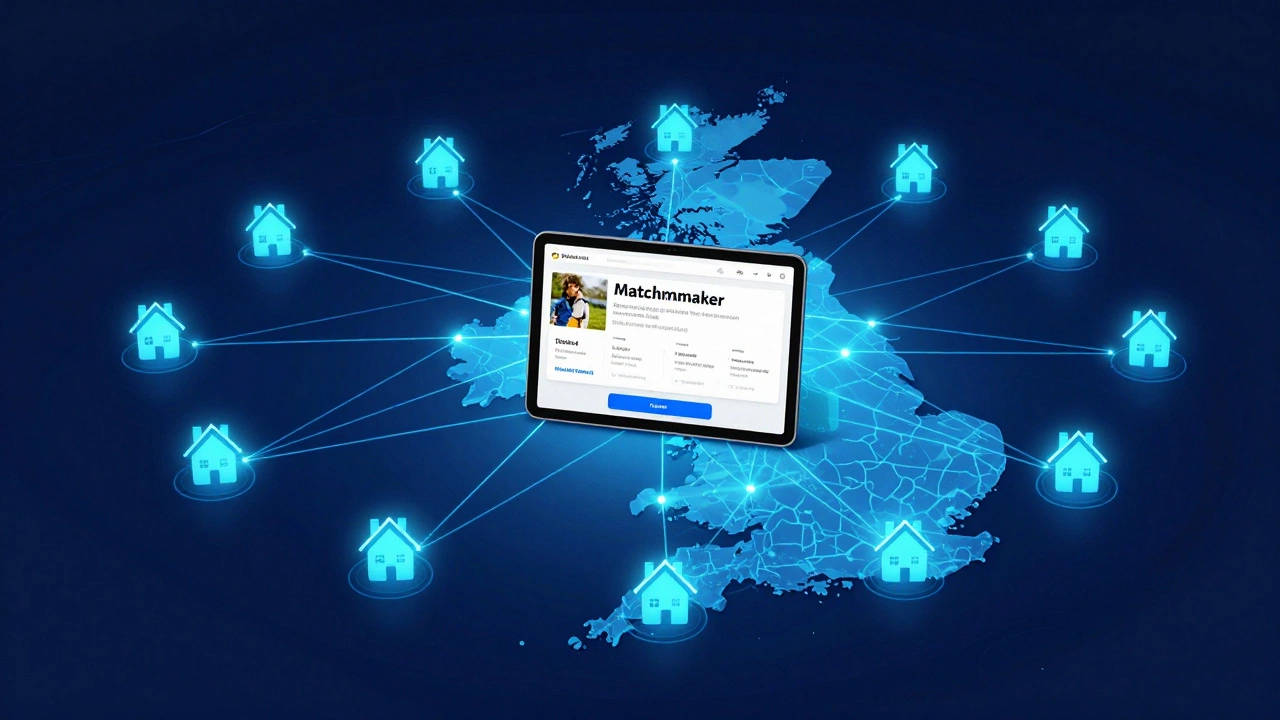 A digital network map connecting a booking interface to various UK holiday homes.