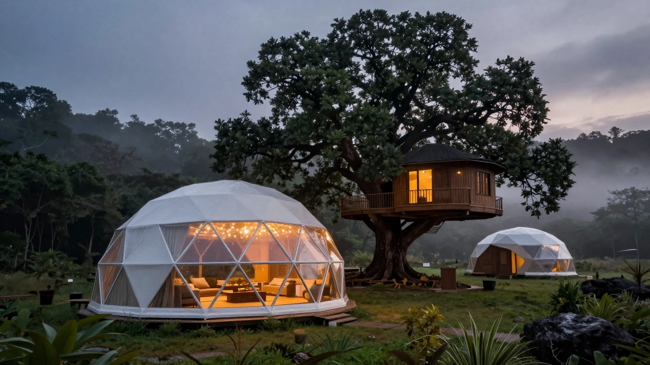 A geodesic dome and a treehouse nestled in a misty, green valley at twilight