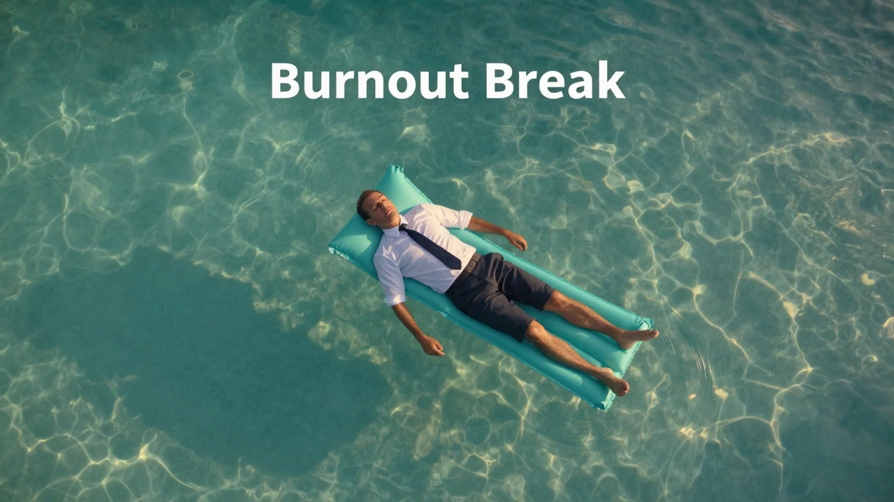 Aerial view of a person floating peacefully on a pool float in a calm turquoise resort lagoon