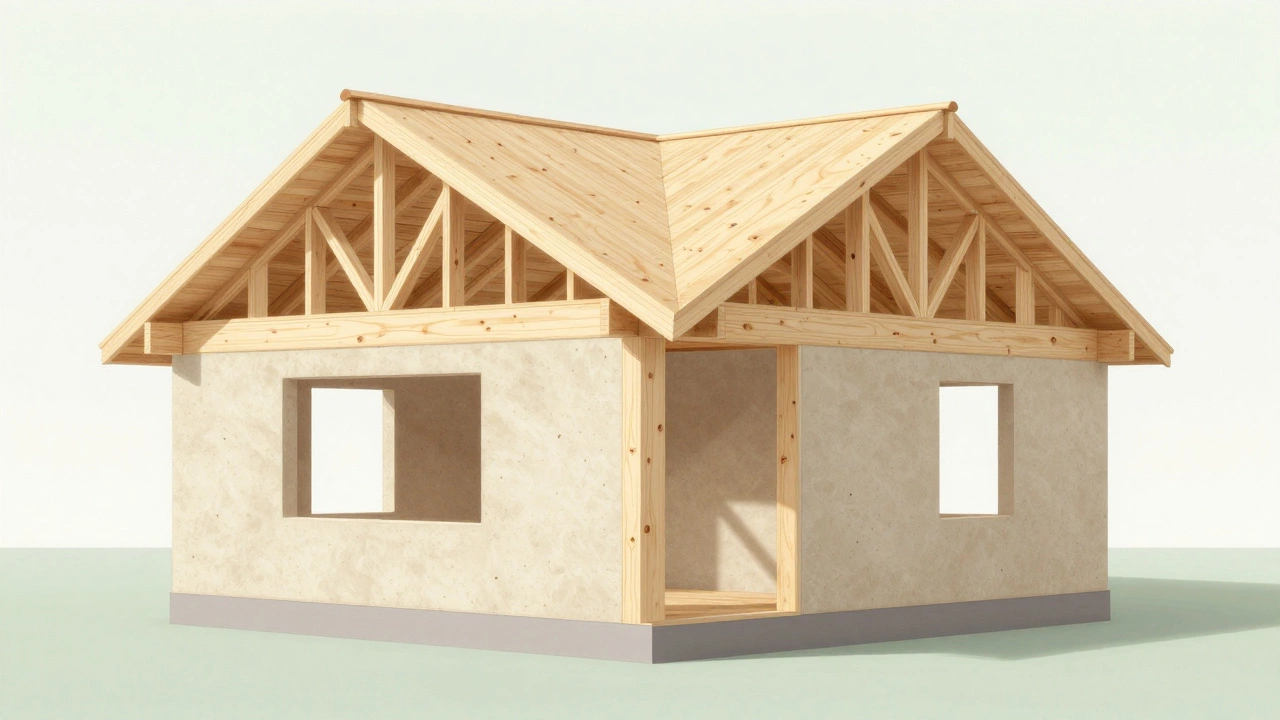Architectural render of a sustainable house with CLT panels and hempcrete walls.