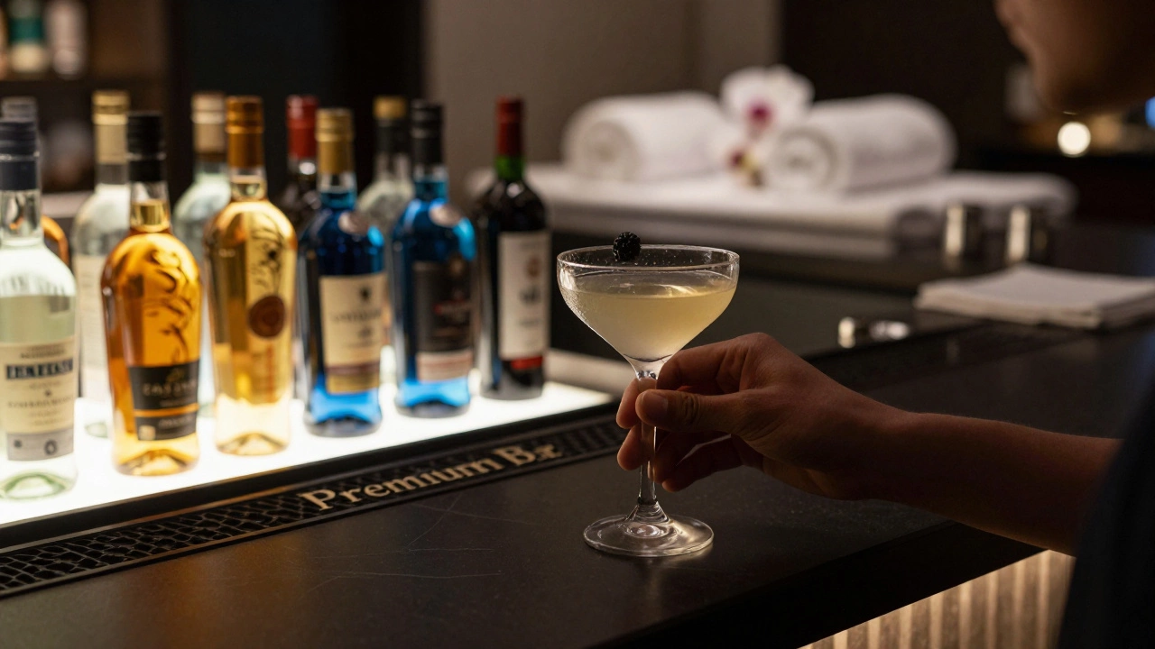Close-up of a premium resort bar with high-end liquor bottles and a sophisticated cocktail.