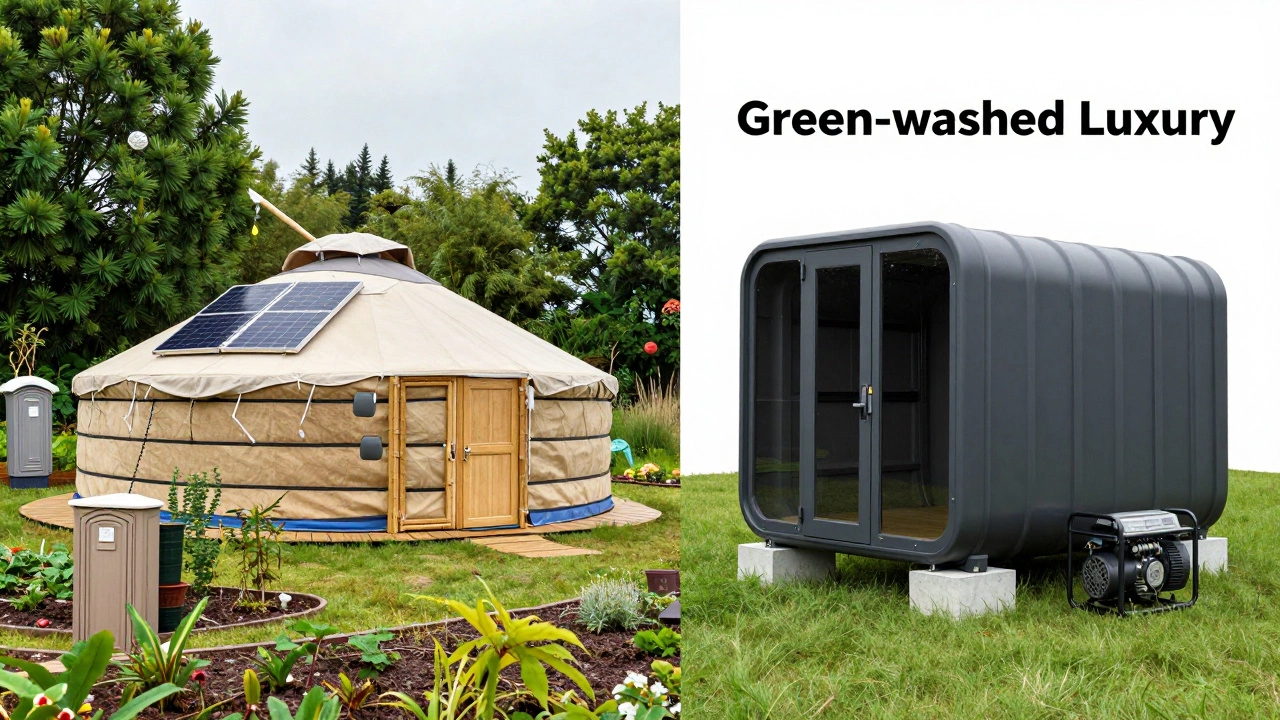 Comparison between a solar-powered eco-yurt and a luxury pod with a generator