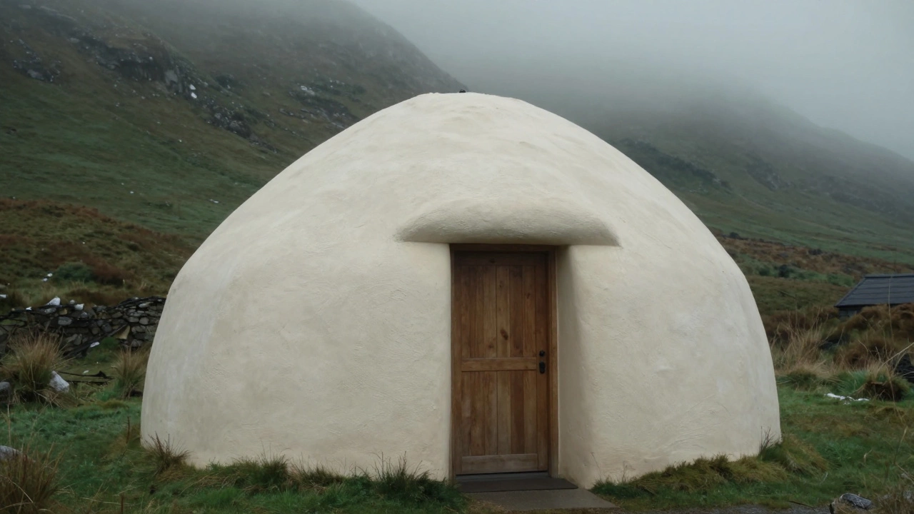 Cozy lime-plastered straw bale cottage in a misty, green highland environment.