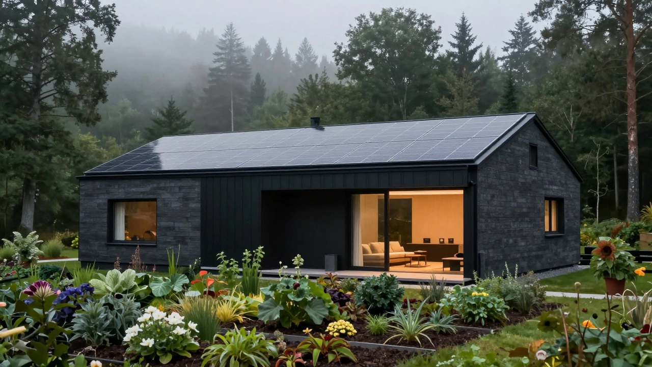 Modern eco-estate with solar roof and living walls integrated into a misty forest landscape.