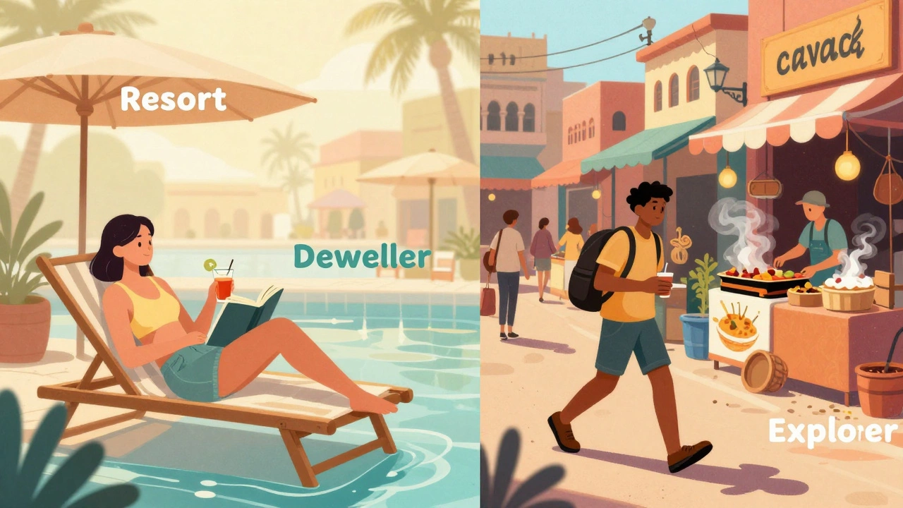 Split image showing a relaxing poolside lounger on one side and a vibrant local street market on the other.