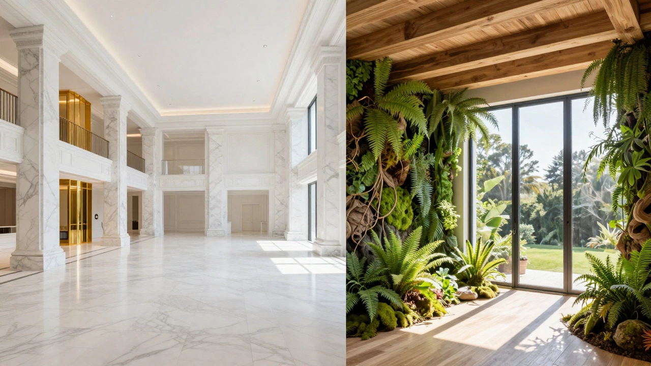 Split view of a sterile gold-plated mansion interior versus a lush, biophilic sustainable home.