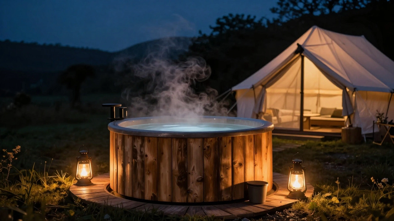 Wood-fired hot tub made of reclaimed timber at a sustainable glamping site