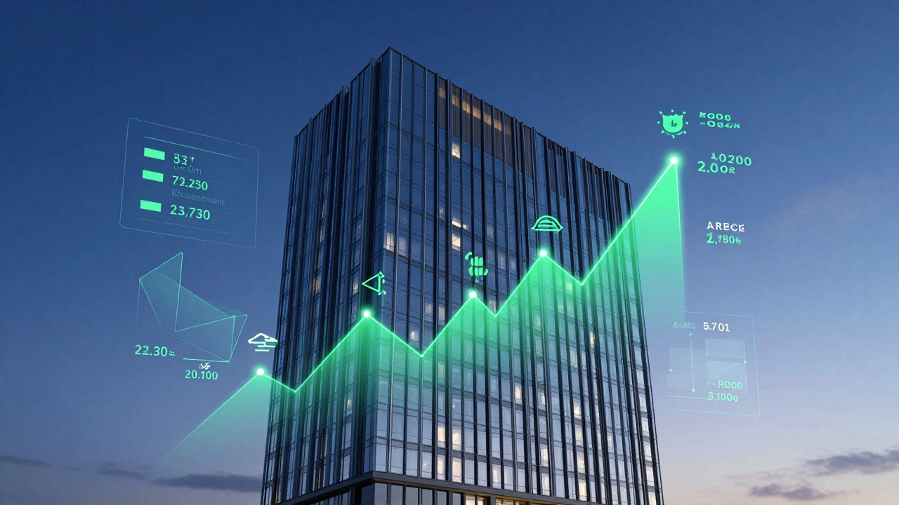 Abstract visualization of hotel revenue metrics and sustainable operations