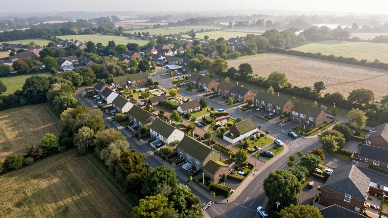 Aerial view of green homes near a town with bike paths