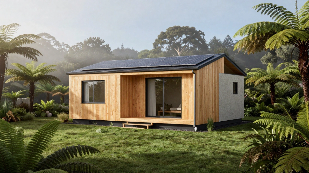 Compact sustainable home with natural materials and solar panels in a lush New Zealand setting.