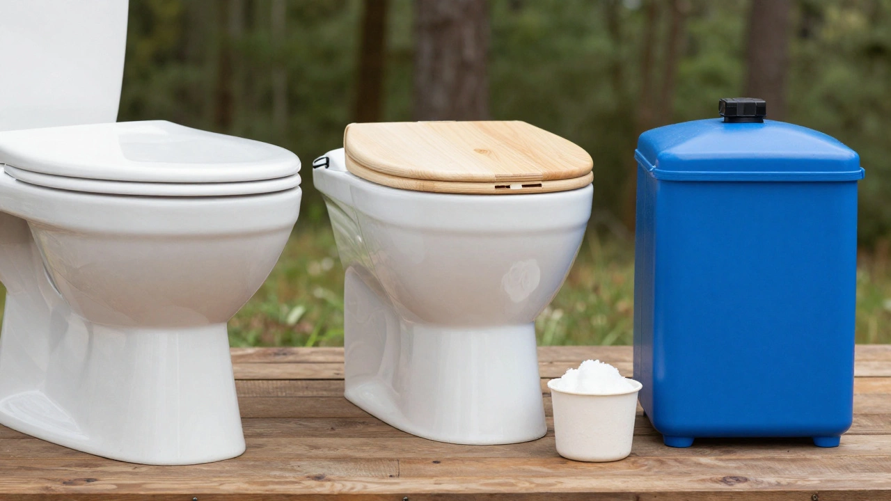 Comparison of flush, composting, and chemical toilets on a wooden table