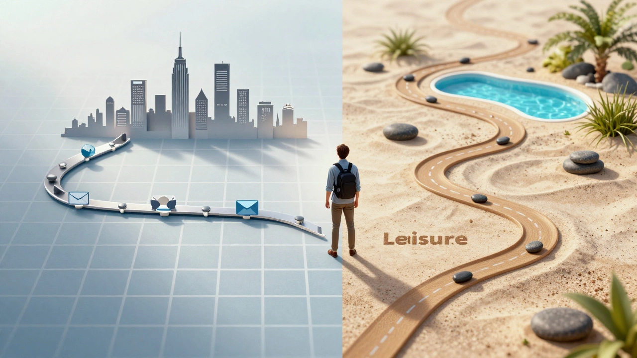 Conceptual art showing the transition from business travel to leisure vacation paths.