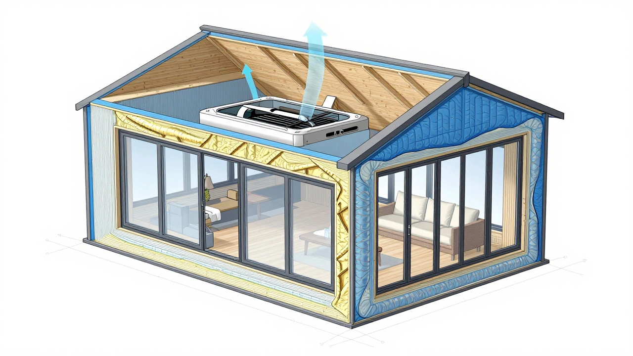 Cross-section diagram of a Passive House showing insulation and ventilation systems.