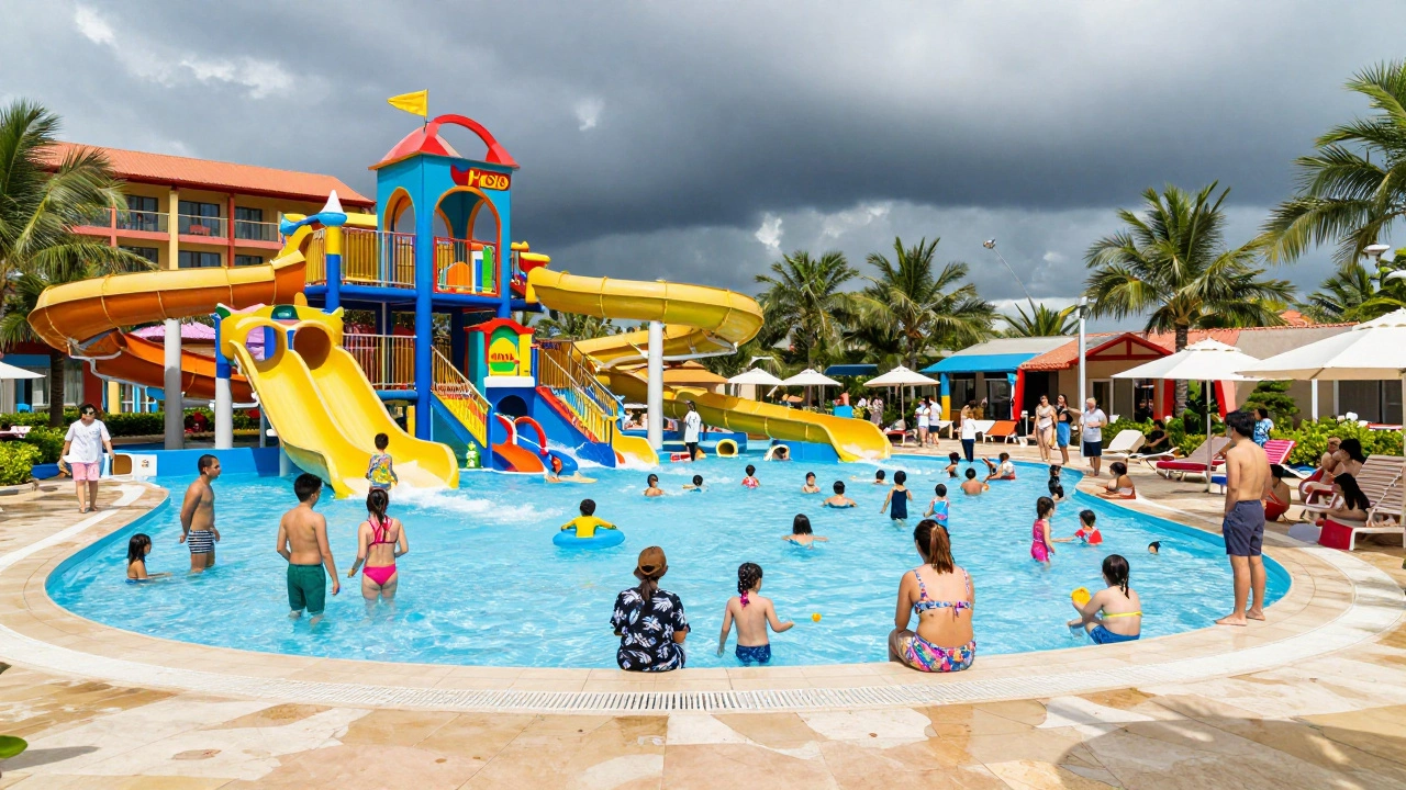 Crowded family resort pool with storm clouds gathering in summer
