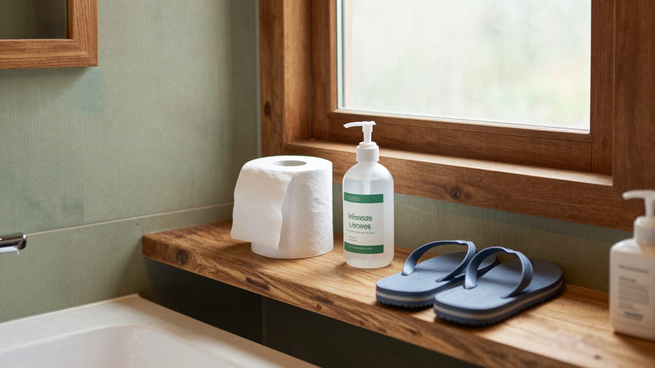 Eco-friendly glamping bathroom with toiletries and flip-flops on a shelf