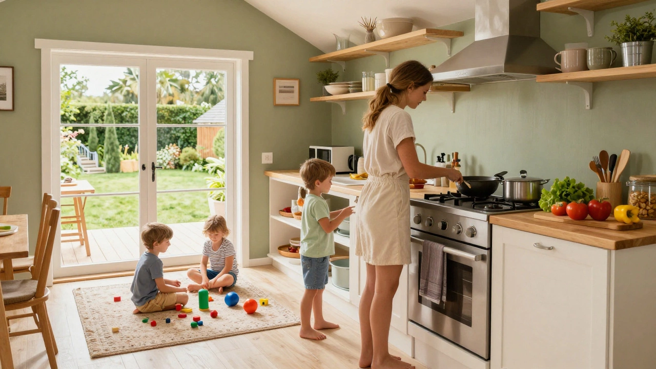Family cooking and playing in a clean, well-equipped cottage kitchen