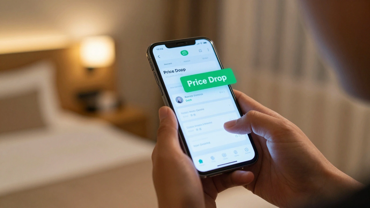 Hands using smartphone to track hotel price drops with notification alert