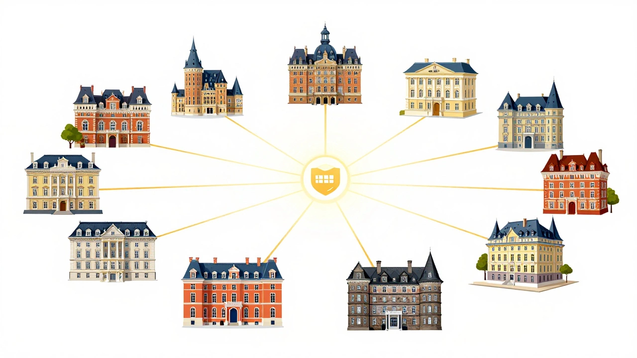 Illustration of diverse European hotels connected