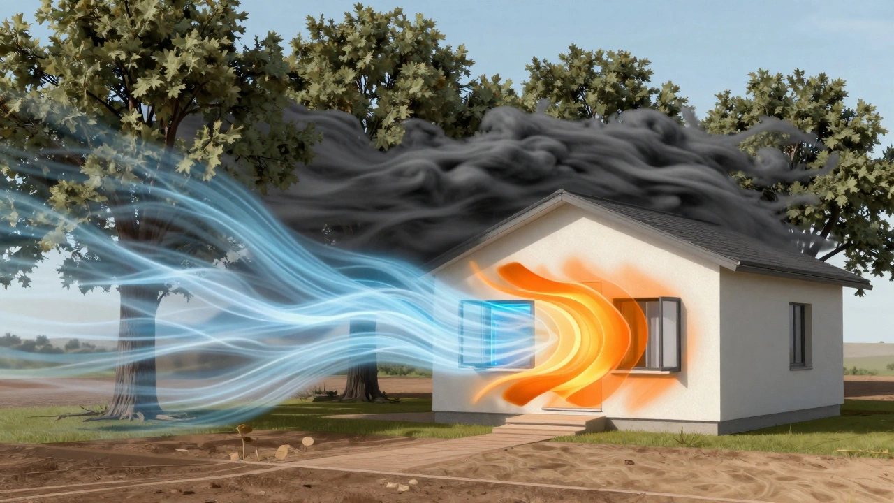 Illustration of wind and sun patterns affecting a sustainable house